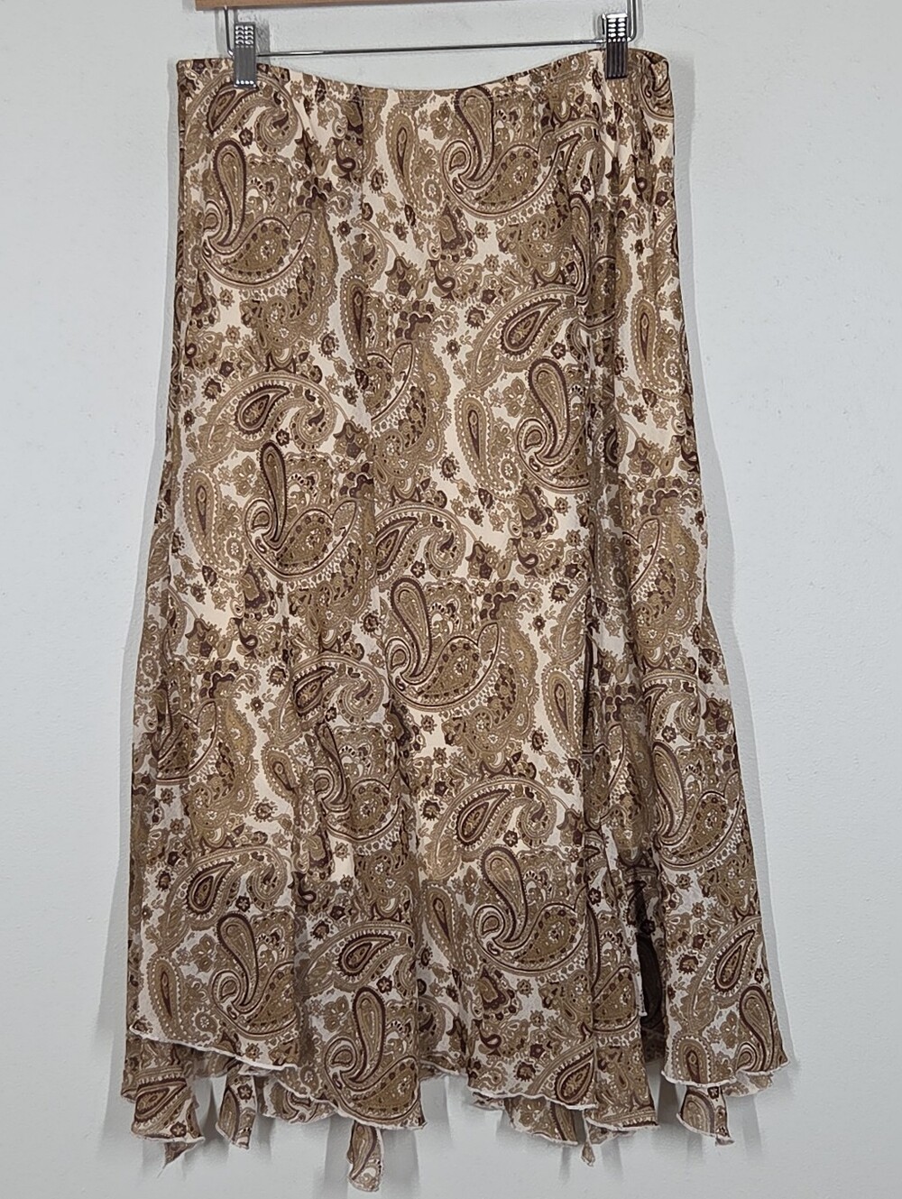 Vtg Y2K Tan Brown Paisley Midi Skirt Asymmetrical Hem XXL Fairy Grunge Boho